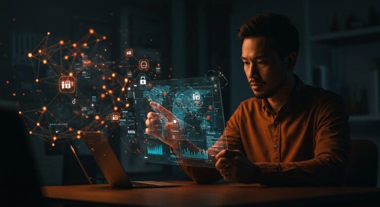 Automatización y gestión IP en startups tecnológicas visualizada mediante un mapa digital y nodos interconectados con énfasis en el error de reasignación ARIN 4.10.