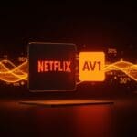 Visualización futurista de streaming con el codec AV1 impulsando el 30% del contenido de Netflix, destacando innovación en tecnología audiovisual.