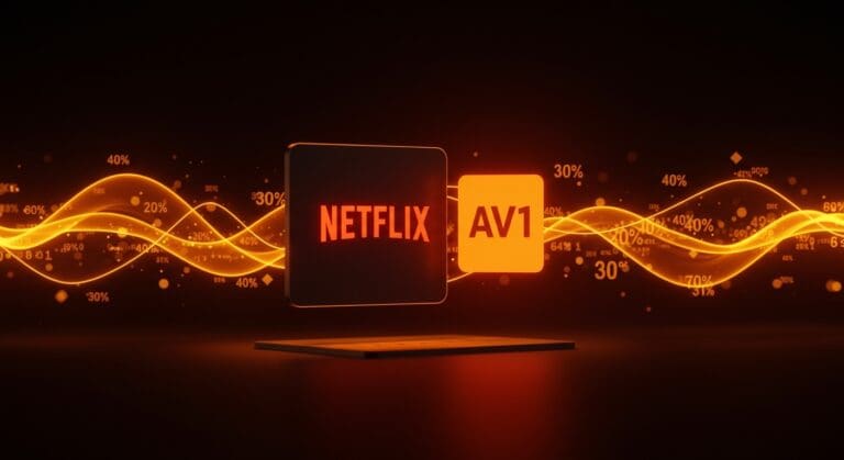 Visualización futurista de streaming con el codec AV1 impulsando el 30% del contenido de Netflix, destacando innovación en tecnología audiovisual.