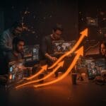 Fundadores hispanos colaborando en startup de inteligencia artificial y automatización global impulsada por AWAKE Venture Studio.