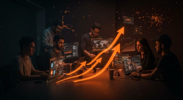 Fundadores hispanos colaborando en startup de inteligencia artificial y automatización global impulsada por AWAKE Venture Studio.