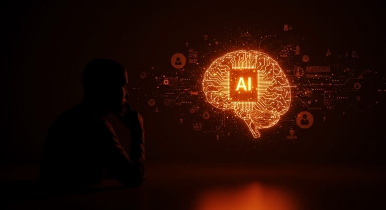 Imagen conceptual de inteligencia artificial y ética con un fundador tecnológico enfrentando riesgos y sesgos en IA, con elementos de vigilancia y automatización.