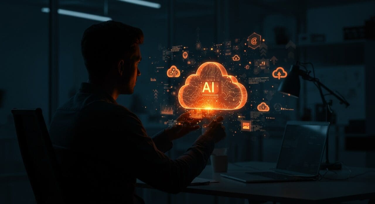 Fundador tecnológico analizando interfaz en la nube con datos de inteligencia artificial, destacando el desafío de adopción de AI en AWS para empresas.