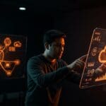 Founder hispano interactuando con tecnología holográfica en AWS re:Invent 2025, destacando tendencias en cloud computing e inteligencia artificial.