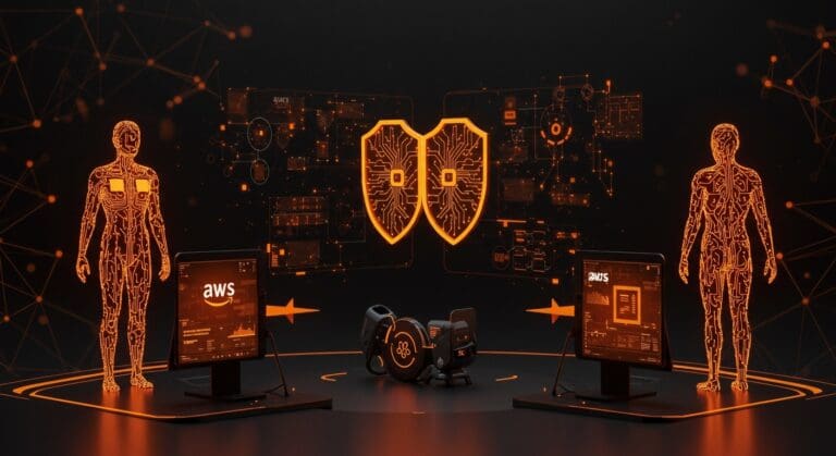 Representación visual de agentes AI colaborando de forma segura en el comercio digital usando blueprints de AWS y Visa para automatización y comercio agentic.