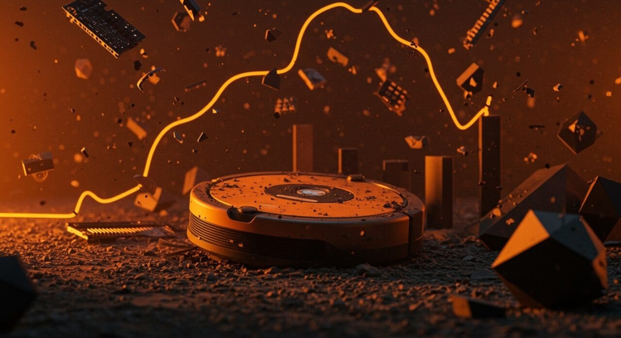 Robot doméstico Roomba simbolizando la bancarrota de iRobot y las lecciones para startups de hardware en tendencias de mercado.