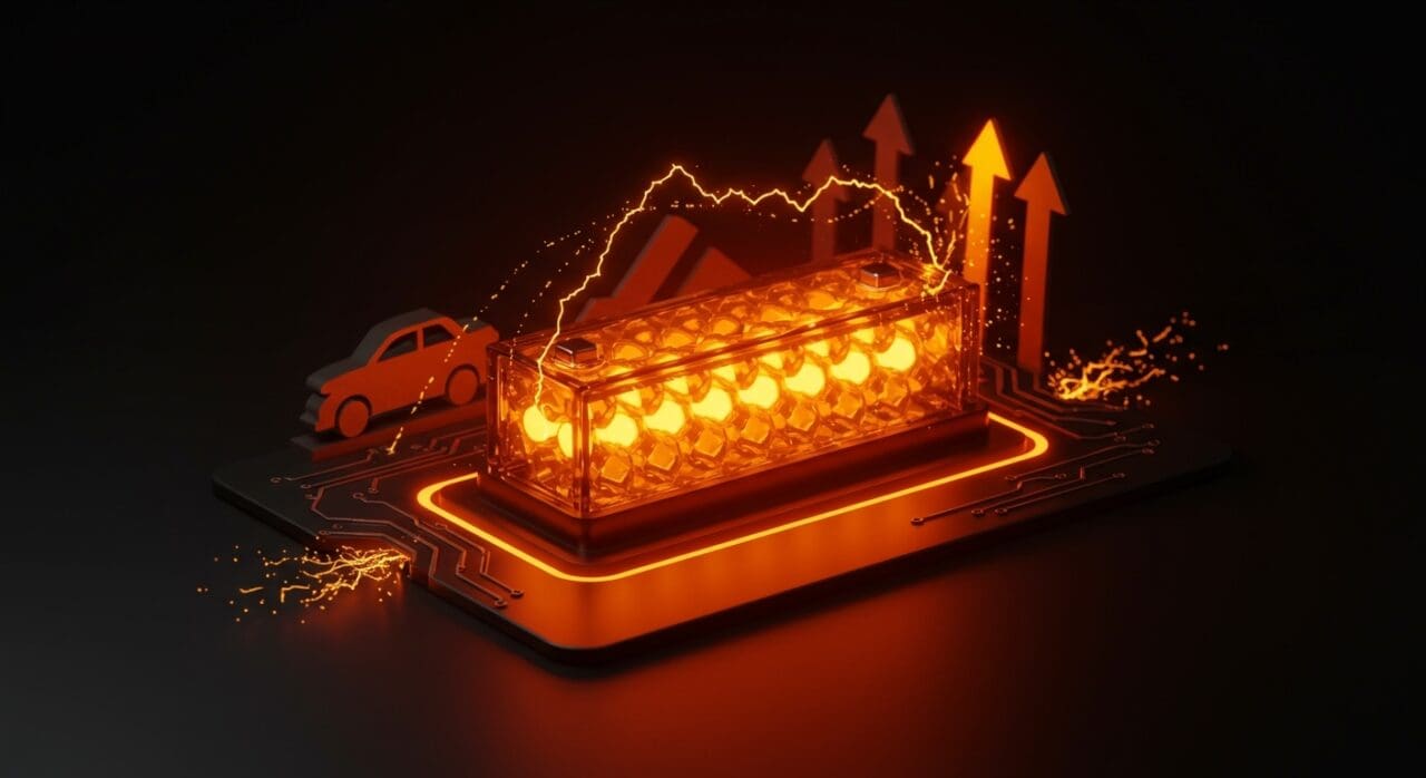 Batería sin ánodo con alta densidad energética iluminada en naranja y negro, simbolizando innovación en tecnología de movilidad eléctrica en LATAM.