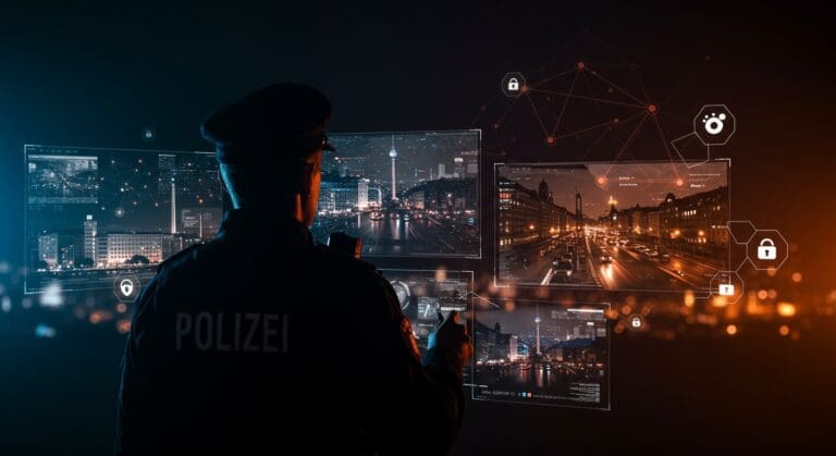 Policía en Berlín utilizando inteligencia artificial para vigilancia digital reforzada y seguridad, implicando privacidad y regulación tecnológica.