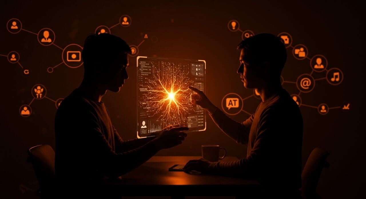 Fundador tecnológico interactuando con algoritmos y plataformas abiertas que representan el bienestar digital y la salud mental en startups 2025.