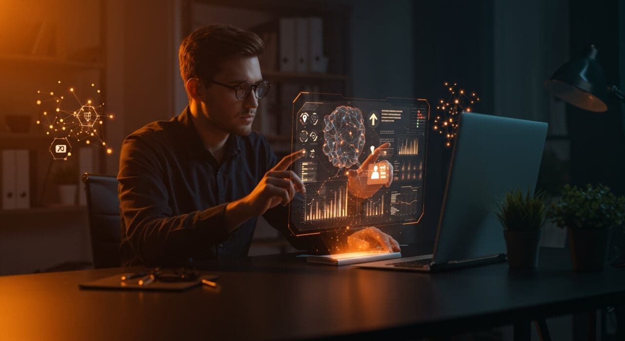 Founder utilizando inteligencia artificial para estrategias de blogging en 2025, destacando tendencias digitales y web descentralizada.
