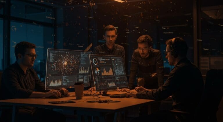 Blog de ingeniería startup con profundidad técnica y casos prácticos para founders y equipos, representado por emprendedores colaborando sobre datos digitales complejos.