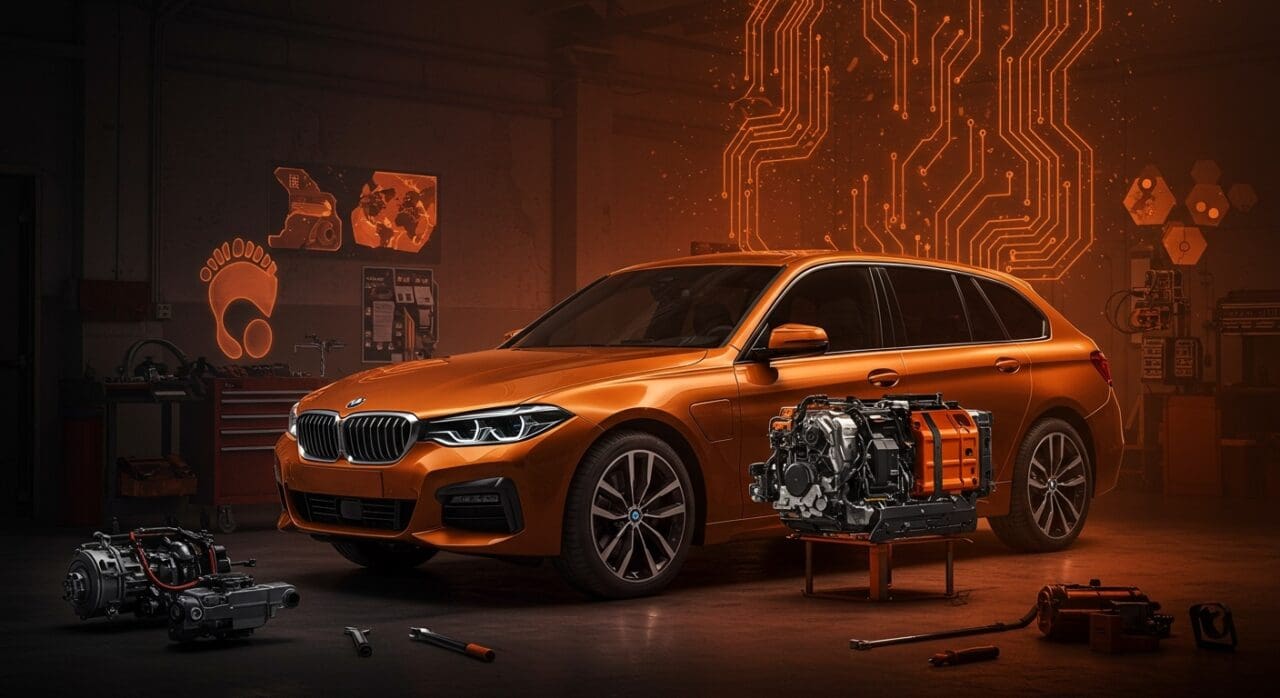 BMW PHEV en taller técnico con componentes eléctricos visibles, simbolizando reparación costosa y retos de sostenibilidad en movilidad eléctrica.