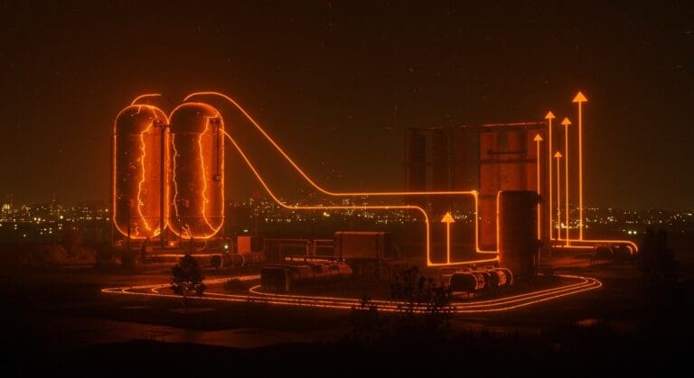 Bombas de calor gigantes en paisaje urbano futurista, ilustrando la descarbonización y energía limpia en ciudades innovadoras.