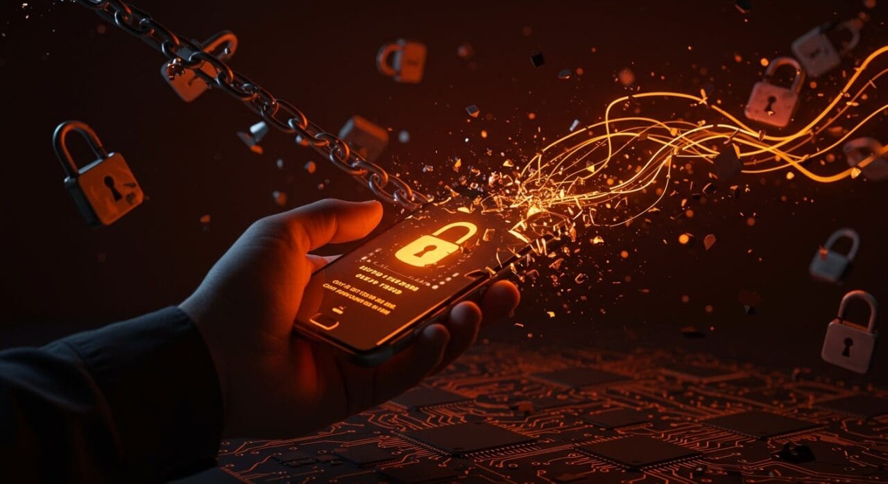 Dispositivo móvil con bootloader bloqueado y metáforas visuales de libertad digital y seguridad en tecnología para founders tech.