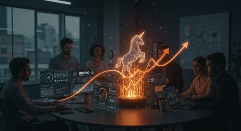 Visualización editorial de Brevo alcanzando estatus unicornio en SaaS CRM con enfoque en inversión y tecnología AI.