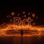 Fundador SaaS con elementos visuales que representan React, hooks y renderizado eficiente en paleta naranja y negro Ecosistema Startup.