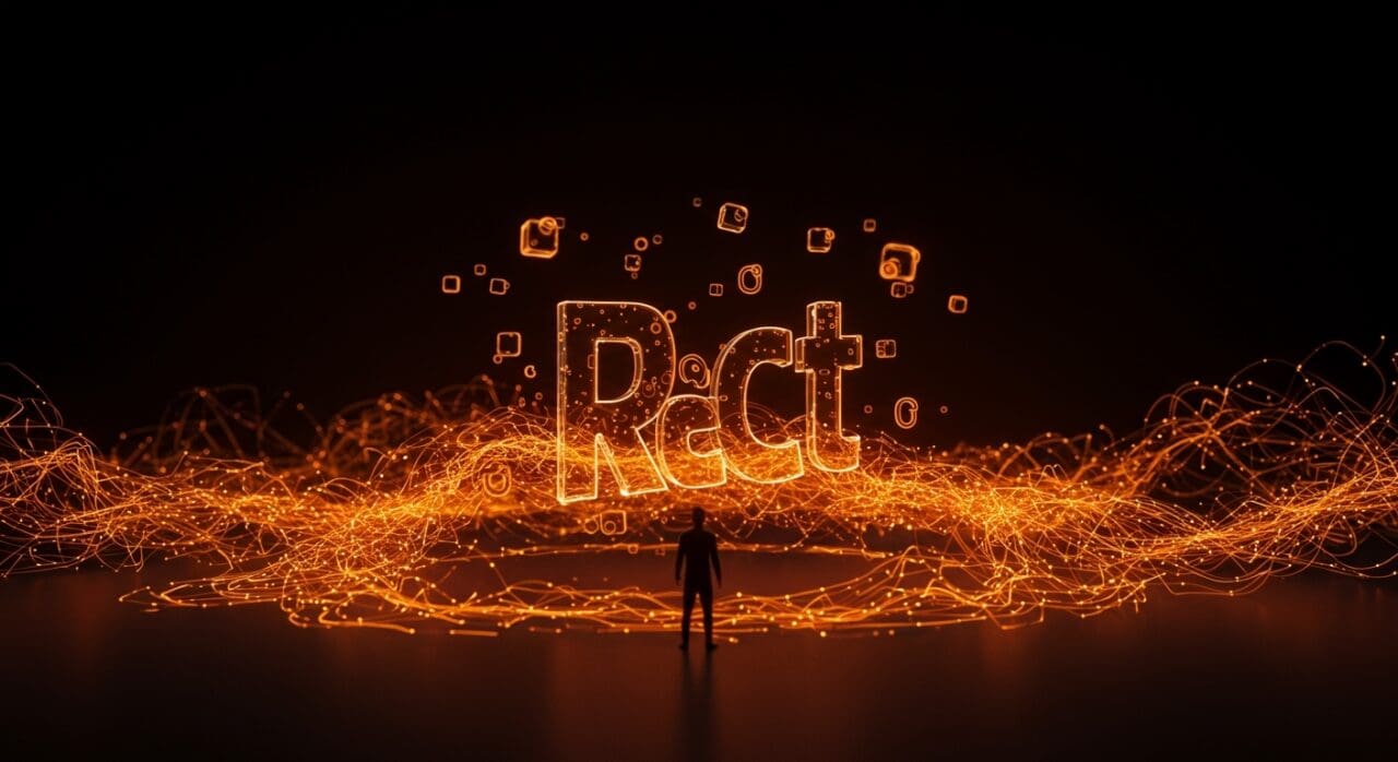 Fundador SaaS con elementos visuales que representan React, hooks y renderizado eficiente en paleta naranja y negro Ecosistema Startup.