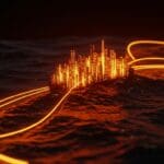 Cables submarinos iluminados conectando hubs tecnológicos globales, representando infraestructura clave para startups tecnológicas.