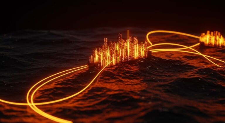 Cables submarinos iluminados conectando hubs tecnológicos globales, representando infraestructura clave para startups tecnológicas.