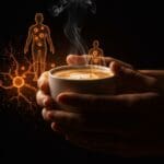 Taza de café con metáforas visuales de envejecimiento biológico y salud mental, destacando estudio de King's College sobre café y envejecimiento.