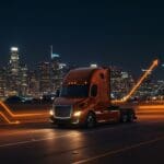 Camión autónomo futurista en carretera con patrones de red neuronal y flechas naranjas representando innovación tecnológica en regulación de California para startups y movilidad.