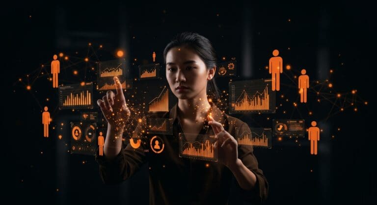 Investigación de mercado automatizada con IA para startups mostrando interfaz holográfica y gráficos tecnológicos en colores ecosistema startup.