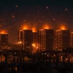 Centros de datos en Londres iluminados en naranja impactan la construcción de viviendas nuevas, representando la crisis habitacional y retos de planificación urbana.