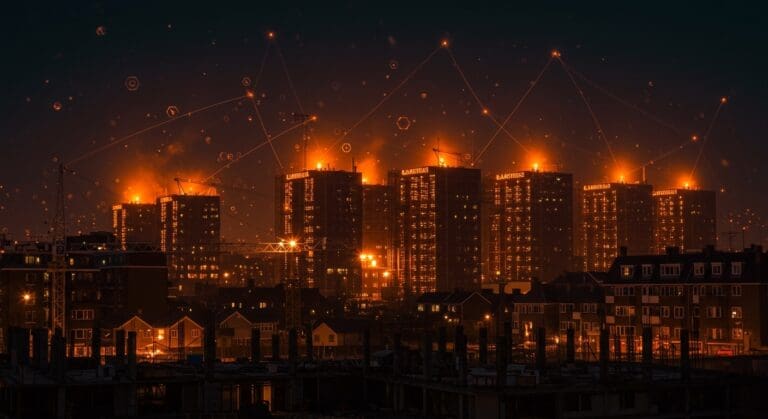 Centros de datos en Londres iluminados en naranja impactan la construcción de viviendas nuevas, representando la crisis habitacional y retos de planificación urbana.