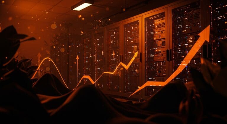 Centro de datos futurista en tonos naranja y negro, simbolizando sostenibilidad, retos regulatorios e innovación tecnológica en infraestructura digital.