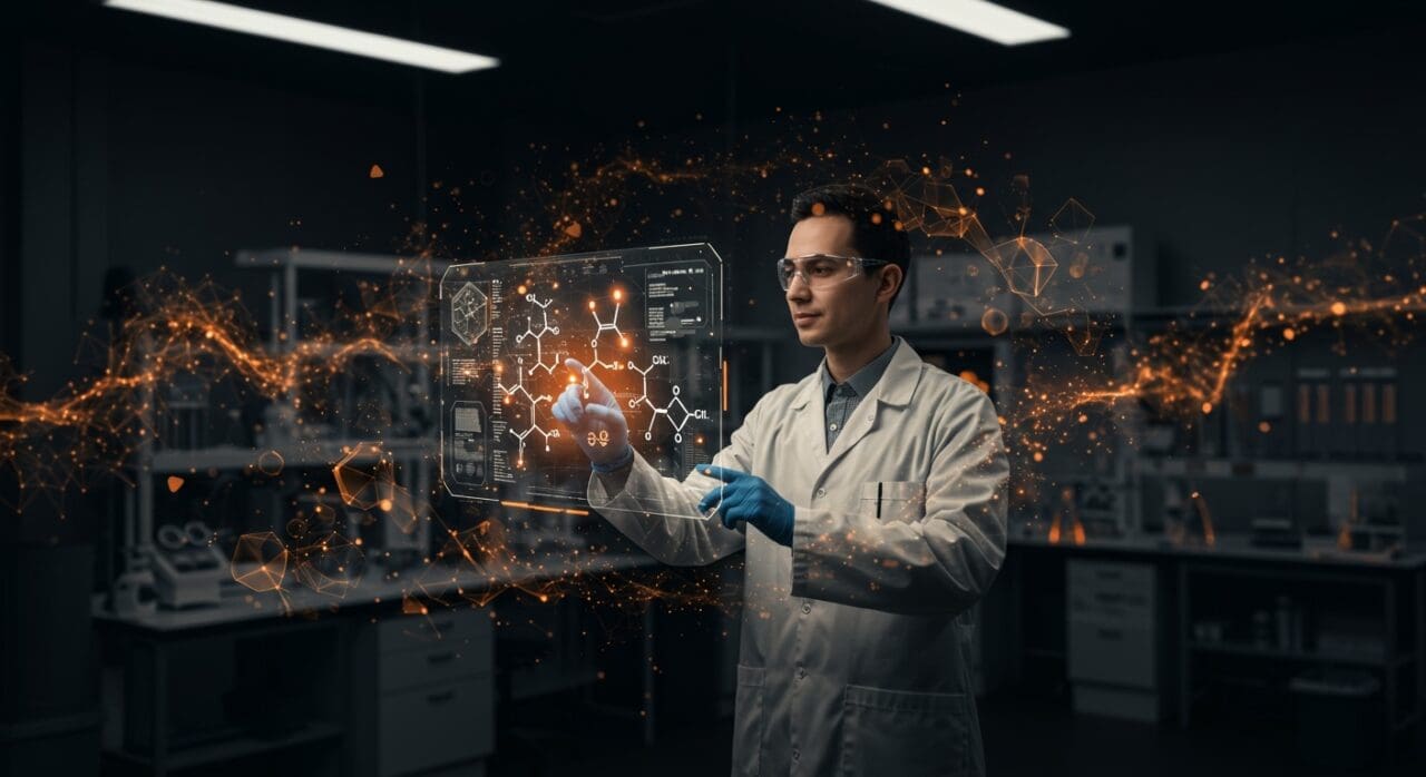 Escena futurista de laboratorio con holograma de IA y estructuras moleculares, representando IA aplicada en biotecnología y el descubrimiento farmacéutico impulsado por inversión.