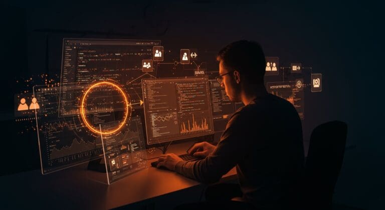 Desarrollador utilizando Charles Proxy para debugging y testing de aplicaciones SaaS con conexiones HTTP visualizadas en una interfaz futurista.
