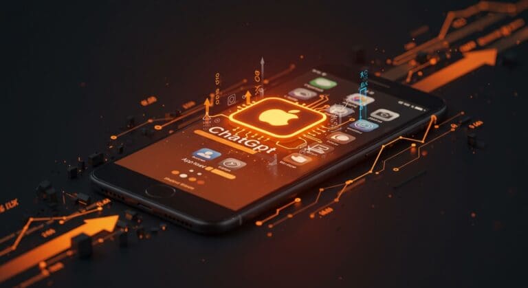 ChatGPT liderando descargas globales en Apple App Store 2025 con metáforas visuales de crecimiento y tecnología IA.