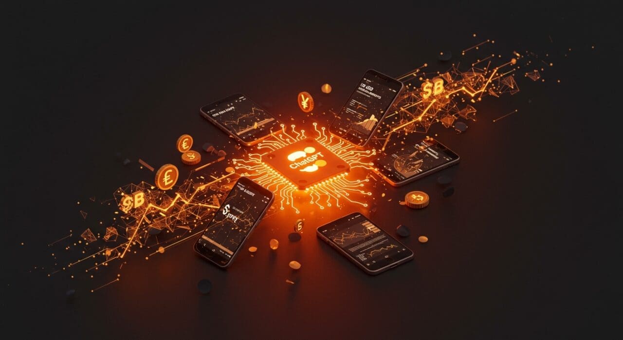 Visualización digital de ChatGPT alcanzando 3 mil millones en monetización móvil con metáforas de inteligencia artificial y tendencias en startups tech LATAM.