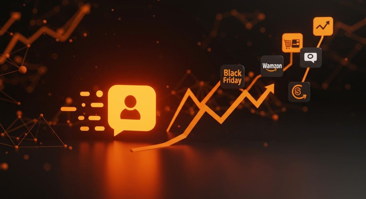 Crecimiento de referidos de ChatGPT a apps de retailers como Walmart y Amazon en Black Friday representado con flujos digitales y flechas de crecimiento en colores naranja y negro.