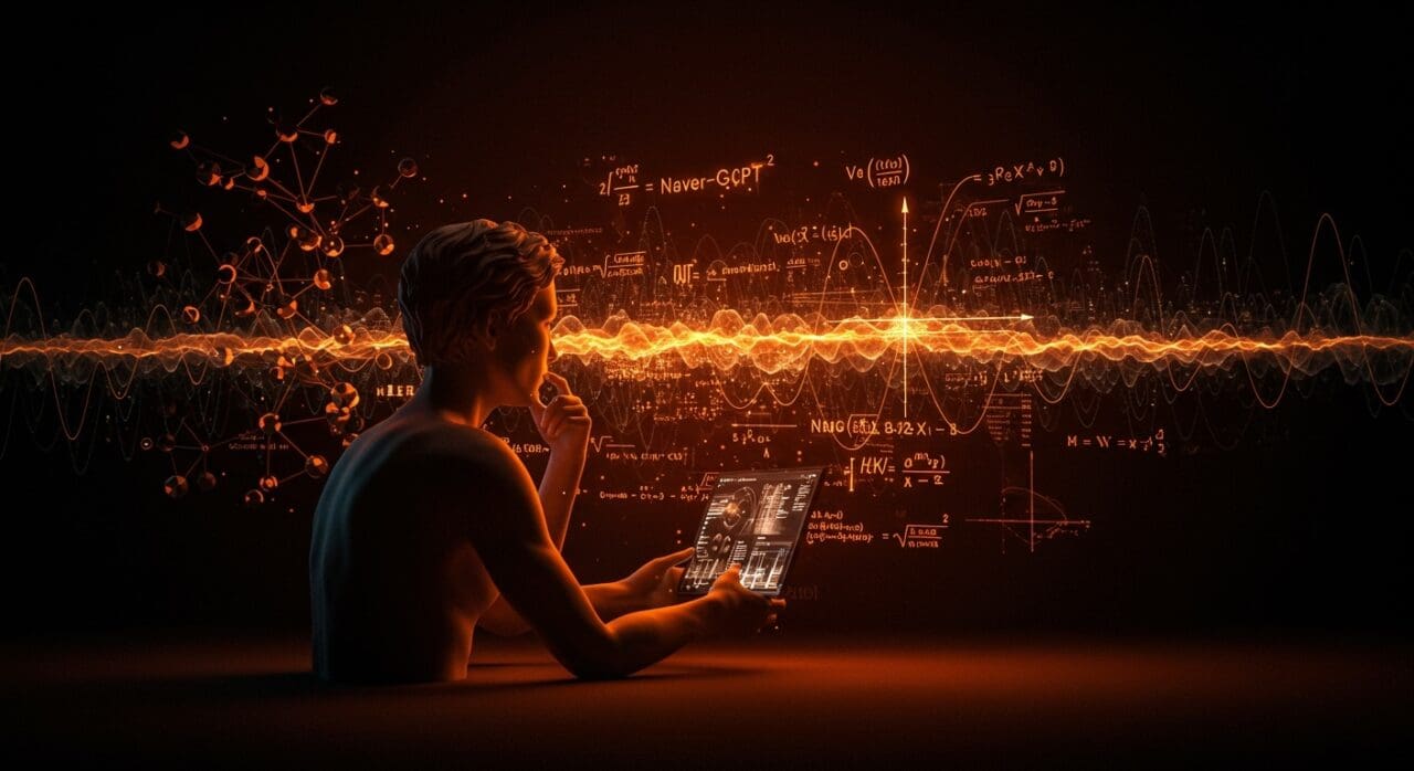 Figura de fundador tecnológico analizando ecuaciones Navier-Stokes y redes neuronales, simbolizando IA aplicada y solución matemática avanzada.