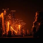 Políticas sostenidas en ciencia e innovación en Chile representadas por una figura observando un ecosistema tecnológico con energías y estructuras ascendentes.