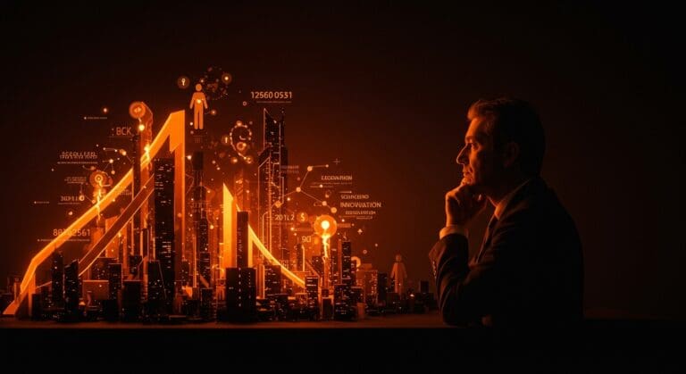 Políticas sostenidas en ciencia e innovación en Chile representadas por una figura observando un ecosistema tecnológico con energías y estructuras ascendentes.