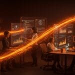 Equipo de emprendedores tecnológicos colaborando en ciberseguridad e innovación en Málaga con un fondo de metáforas visuales que representan startups y hackathon.