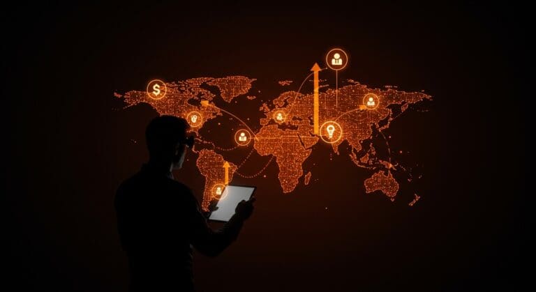 Inversión en startups tecnológicas globales con enfoque estratégico y potencial de crecimiento representado mediante red digital y flujos de financiamiento.