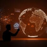 Cloudflare Radar destacando tendencias de Internet 2025, incluyendo crecimiento de tráfico, adopción de IA generativa y retos de ciberseguridad con estilo editorial en naranja y negro.