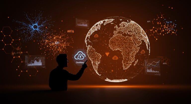 Cloudflare Radar destacando tendencias de Internet 2025, incluyendo crecimiento de tráfico, adopción de IA generativa y retos de ciberseguridad con estilo editorial en naranja y negro.