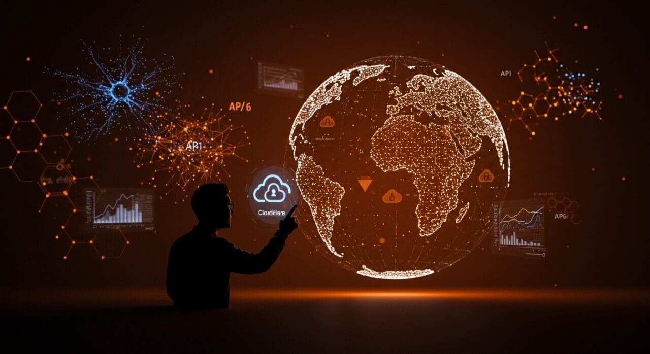 Cloudflare Radar destacando tendencias de Internet 2025, incluyendo crecimiento de tráfico, adopción de IA generativa y retos de ciberseguridad con estilo editorial en naranja y negro.