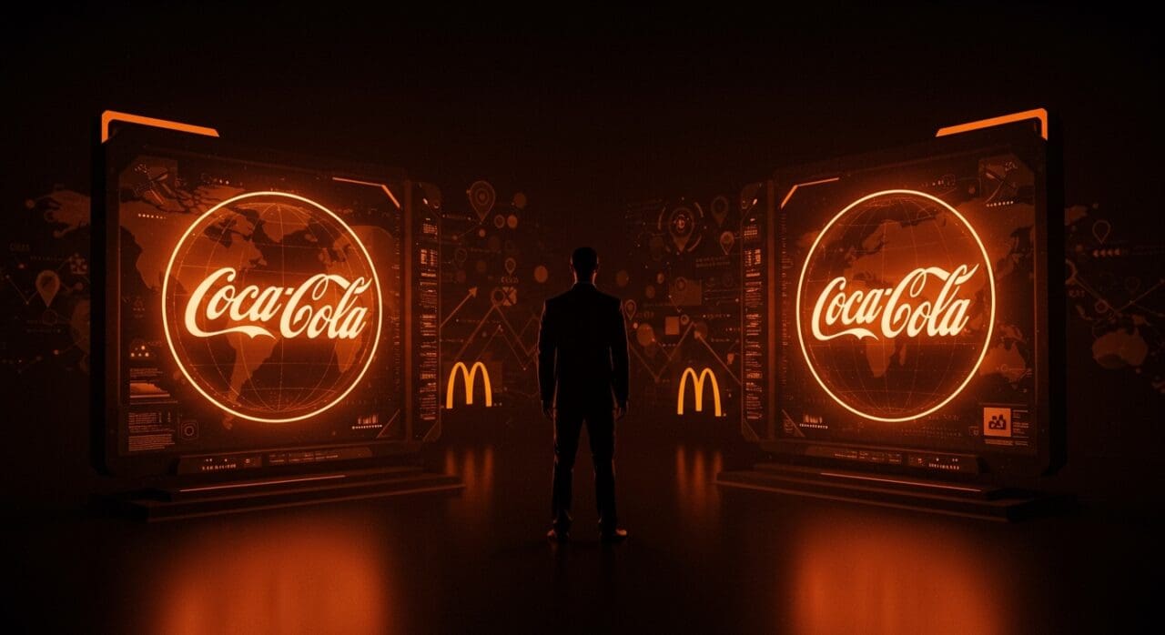 Ejecutivo representando la alianza global entre Coca-Cola y McDonald's con elementos visuales de estrategia y expansión internacional en tonos naranja y negro.
