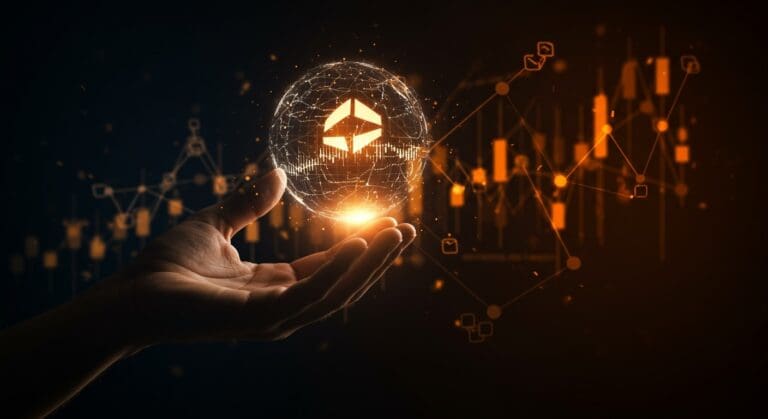 Plataforma digital de predicción de mercados en criptomonedas con símbolos de blockchain e inversión fintech para startups LATAM.