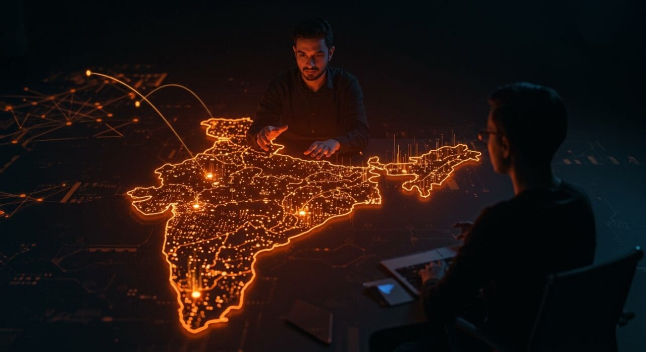 Fundador fintech supervisando mapa digital de India con nodos brillantes que simbolizan la expansión y relanzamiento de Coinbase en el mercado fintech indio.