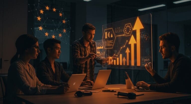 Equipo de startup colaborando con visualizaciones digitales sobre legislación de la Unión Europea e innovación en un entorno moderno.