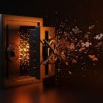 Falla en la protección de software visualizada con un cofre digital abierto y códigos escapando, ilustrando vulnerabilidades en Enigma Protector y estrategias de seguridad informática.