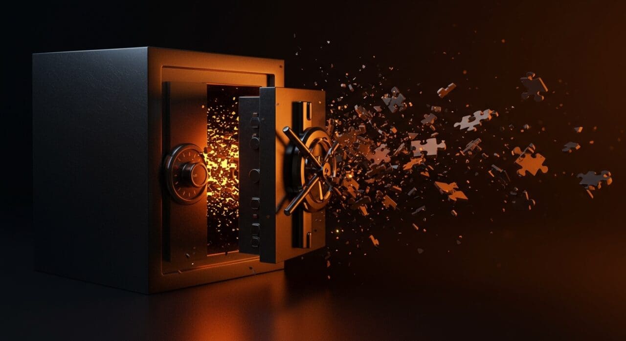 Falla en la protección de software visualizada con un cofre digital abierto y códigos escapando, ilustrando vulnerabilidades en Enigma Protector y estrategias de seguridad informática.