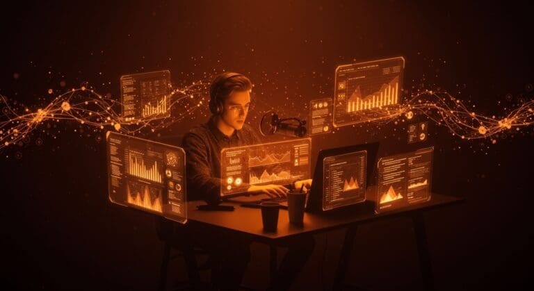 Monetización de creadores digitales ilustrada con un emprendedor tech usando plataformas innovadoras inspiradas en OnlyFans en un entorno futurista.