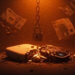 Imagen editorial de un robot iRobot roto bajo luz naranja y sombras regulatorias europeas, ilustrando bancarrota por regulación en el mercado tech europeo.